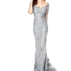 Montage by Mon Cheri Silver-Gray Lace Appliqué Long Sleeve Gown